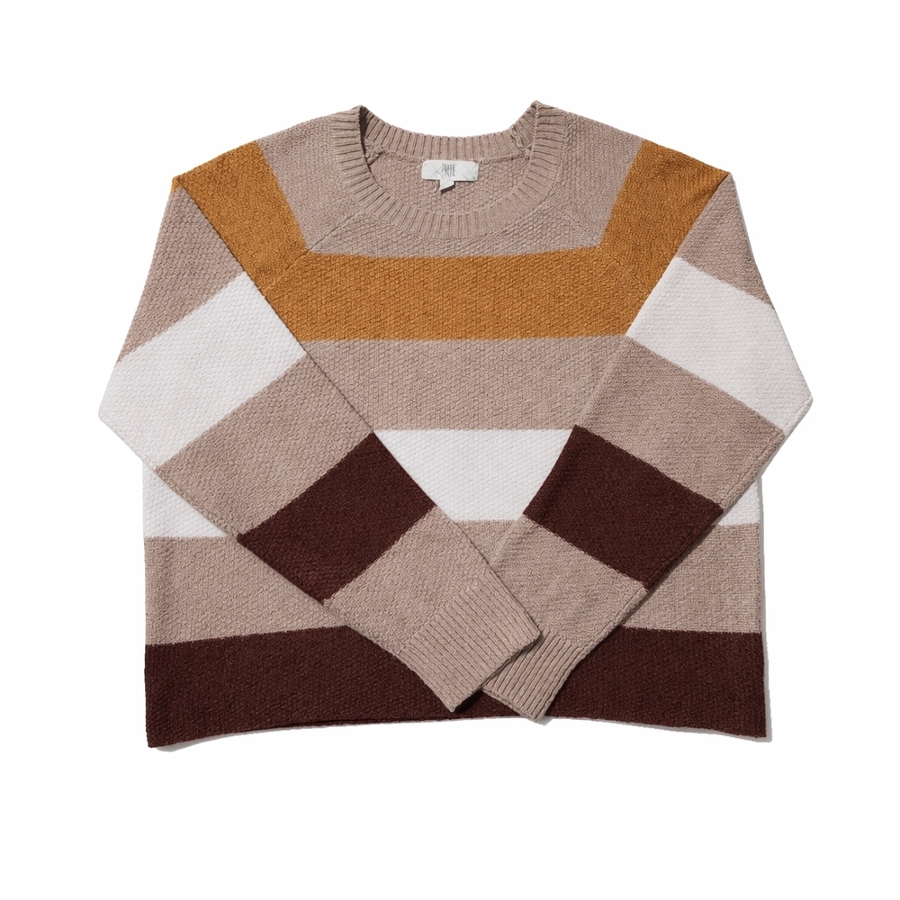 Pinque Color Block Striped Sweater Tan Brown Mustard Cozy Knit Size L